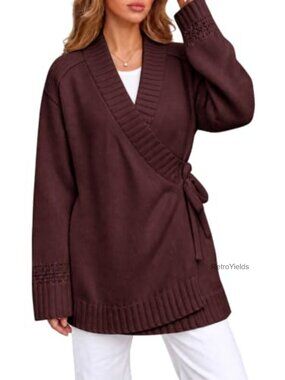 Women's V Neck Wrap Sweater Tie Front Long Sleeve Cardigan Chunky Knit